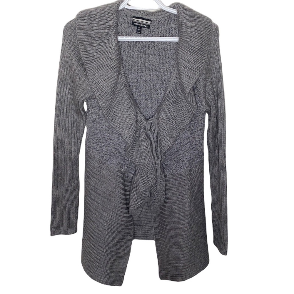 Allison Brittney mixed texture longline ruffle neckline front tie cardigan sz M